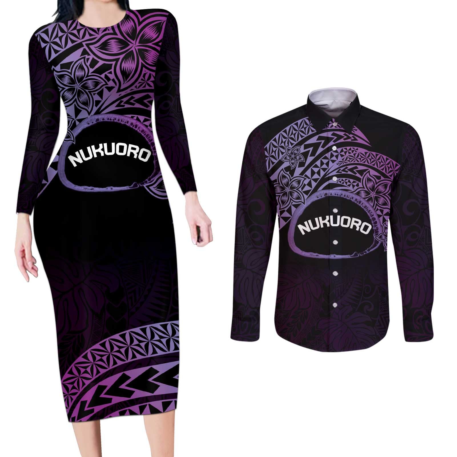 Personalised Pohnpei Nukuoro Micronesia Couples Matching Long Sleeve Bodycon Dress and Long Sleeve Button Shirt Polynesian Tattoo Curves Purple Version