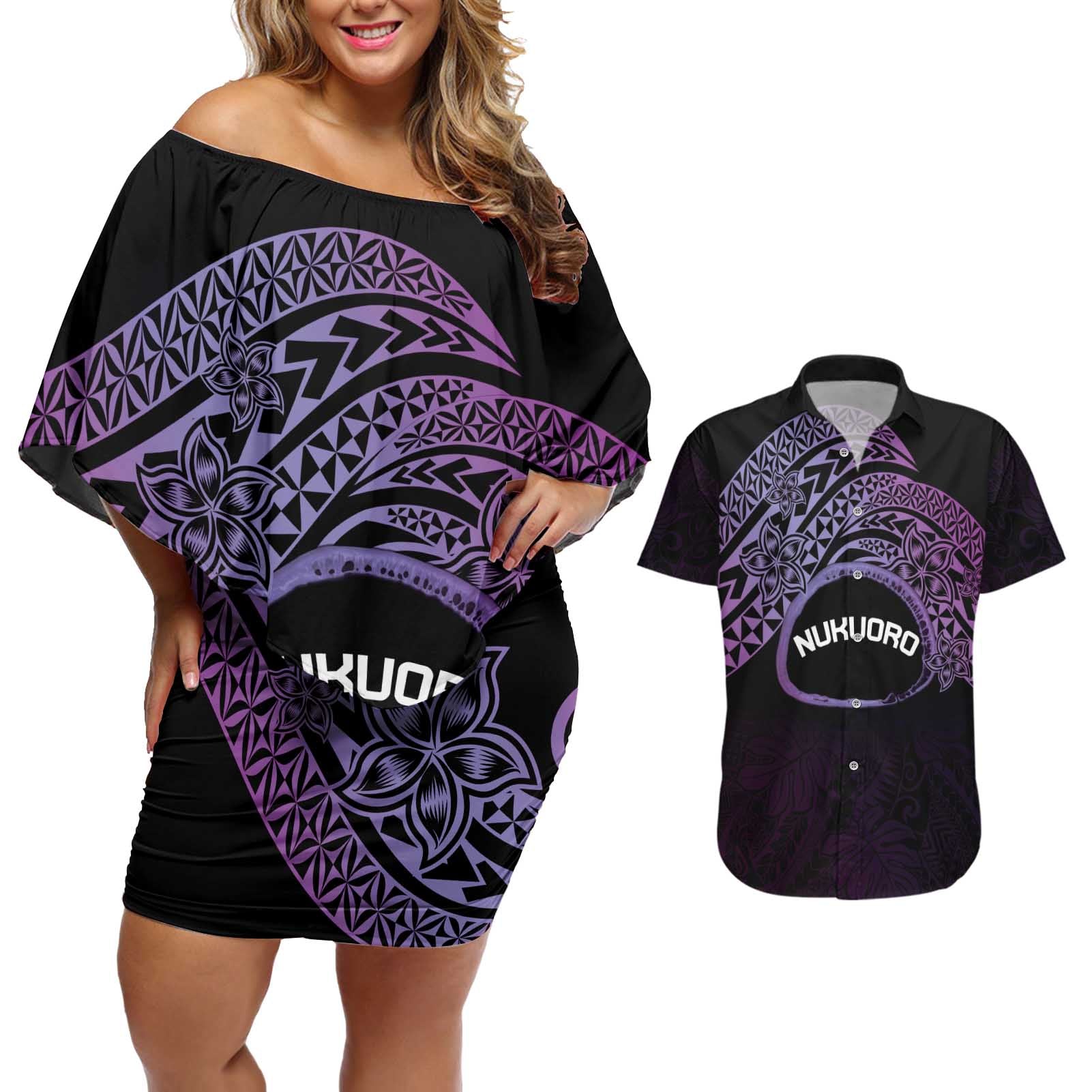 Personalised Pohnpei Nukuoro Micronesia Couples Matching Off Shoulder Short Dress and Hawaiian Shirt Polynesian Tattoo Curves Purple Version