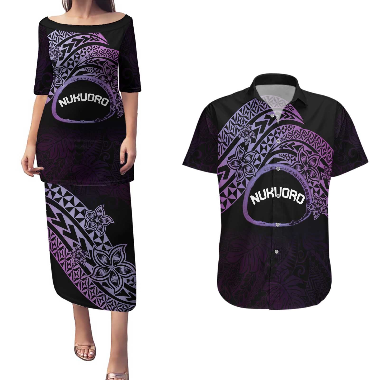 Personalised Pohnpei Nukuoro Micronesia Couples Matching Puletasi and Hawaiian Shirt Polynesian Tattoo Curves Purple Version