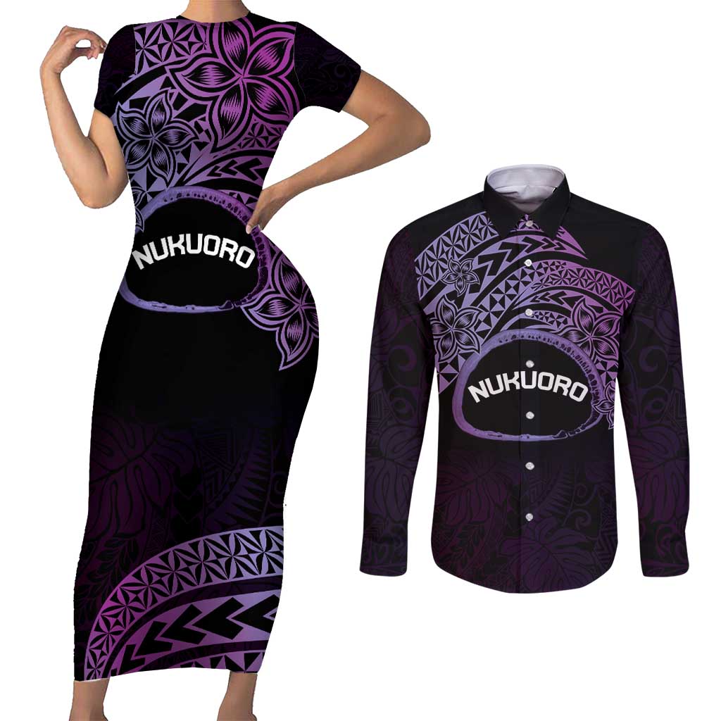 Personalised Pohnpei Nukuoro Micronesia Couples Matching Short Sleeve Bodycon Dress and Long Sleeve Button Shirt Polynesian Tattoo Curves Purple Version