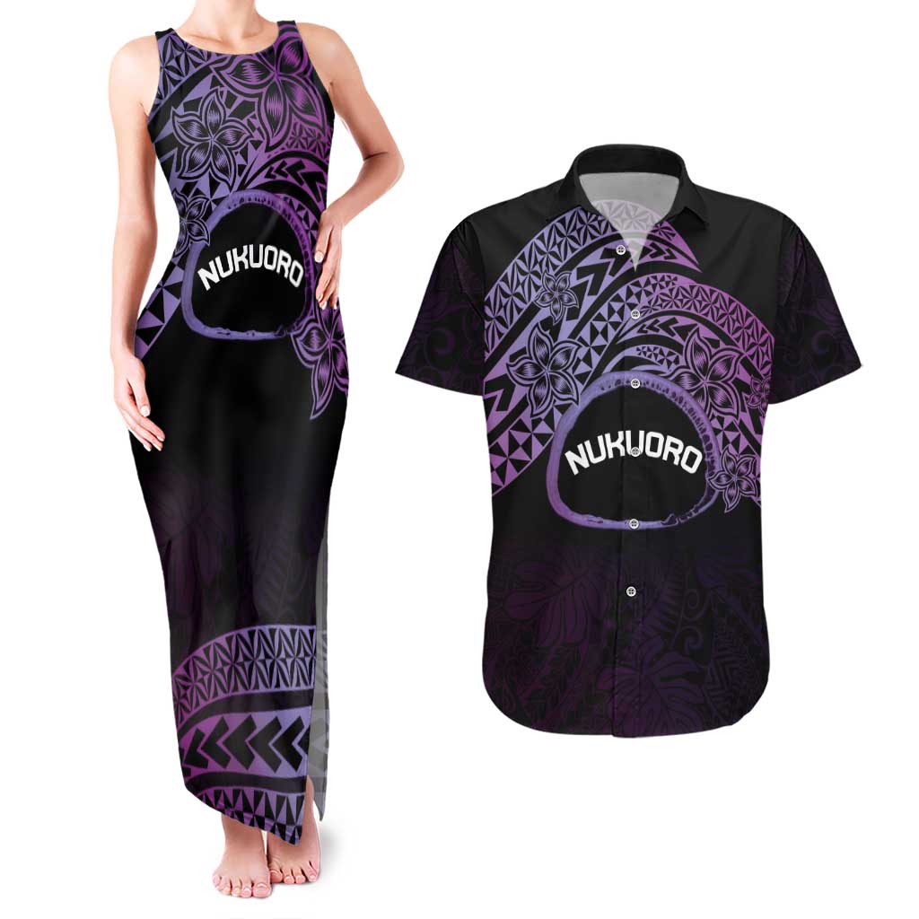 Personalised Pohnpei Nukuoro Micronesia Couples Matching Tank Maxi Dress and Hawaiian Shirt Polynesian Tattoo Curves Purple Version