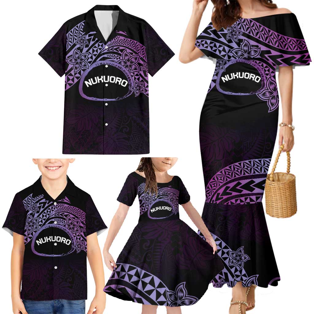 Personalised Pohnpei Nukuoro Micronesia Family Matching Mermaid Dress and Hawaiian Shirt Polynesian Tattoo Curves Purple Version