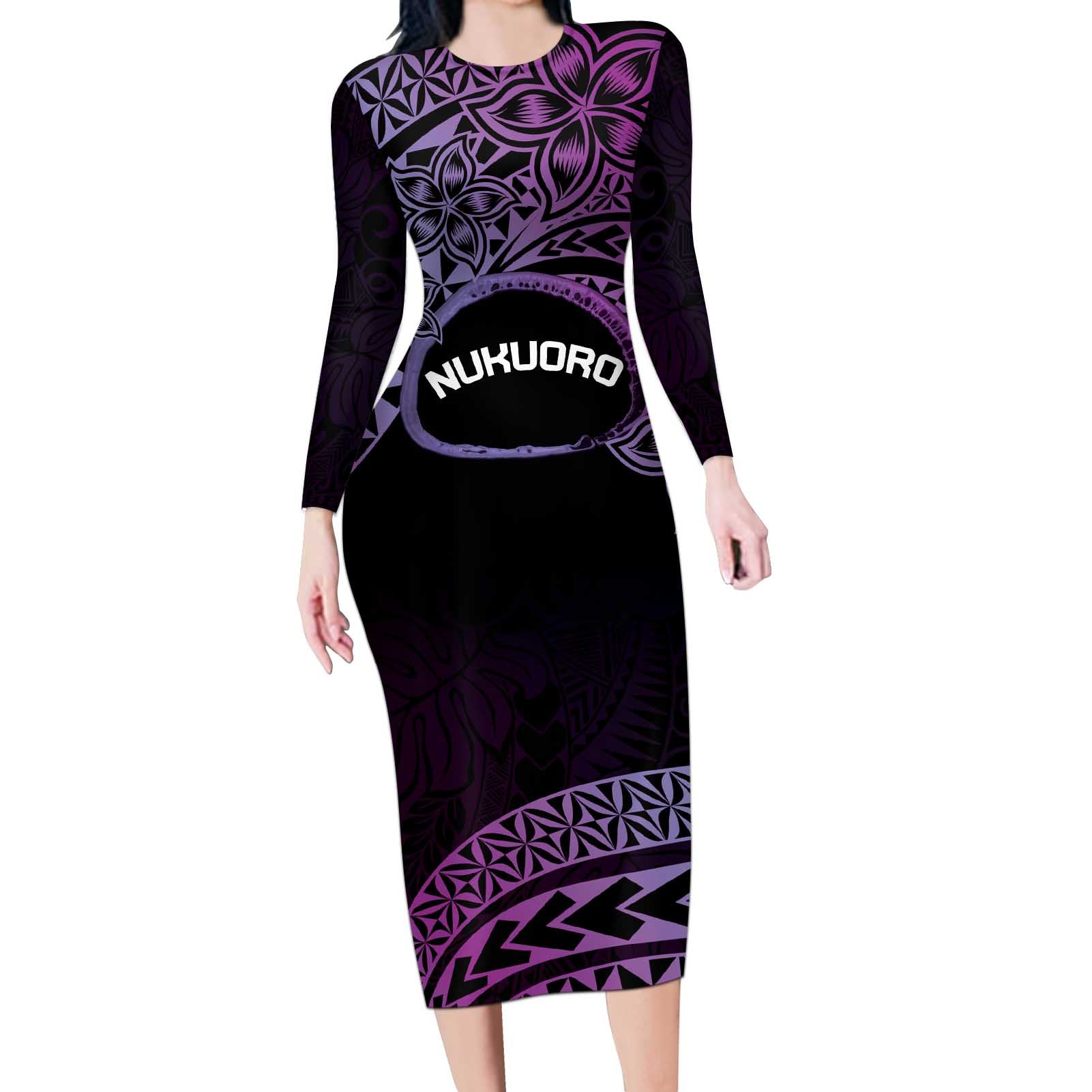 Personalised Pohnpei Nukuoro Micronesia Long Sleeve Bodycon Dress Polynesian Tattoo Curves Purple Version