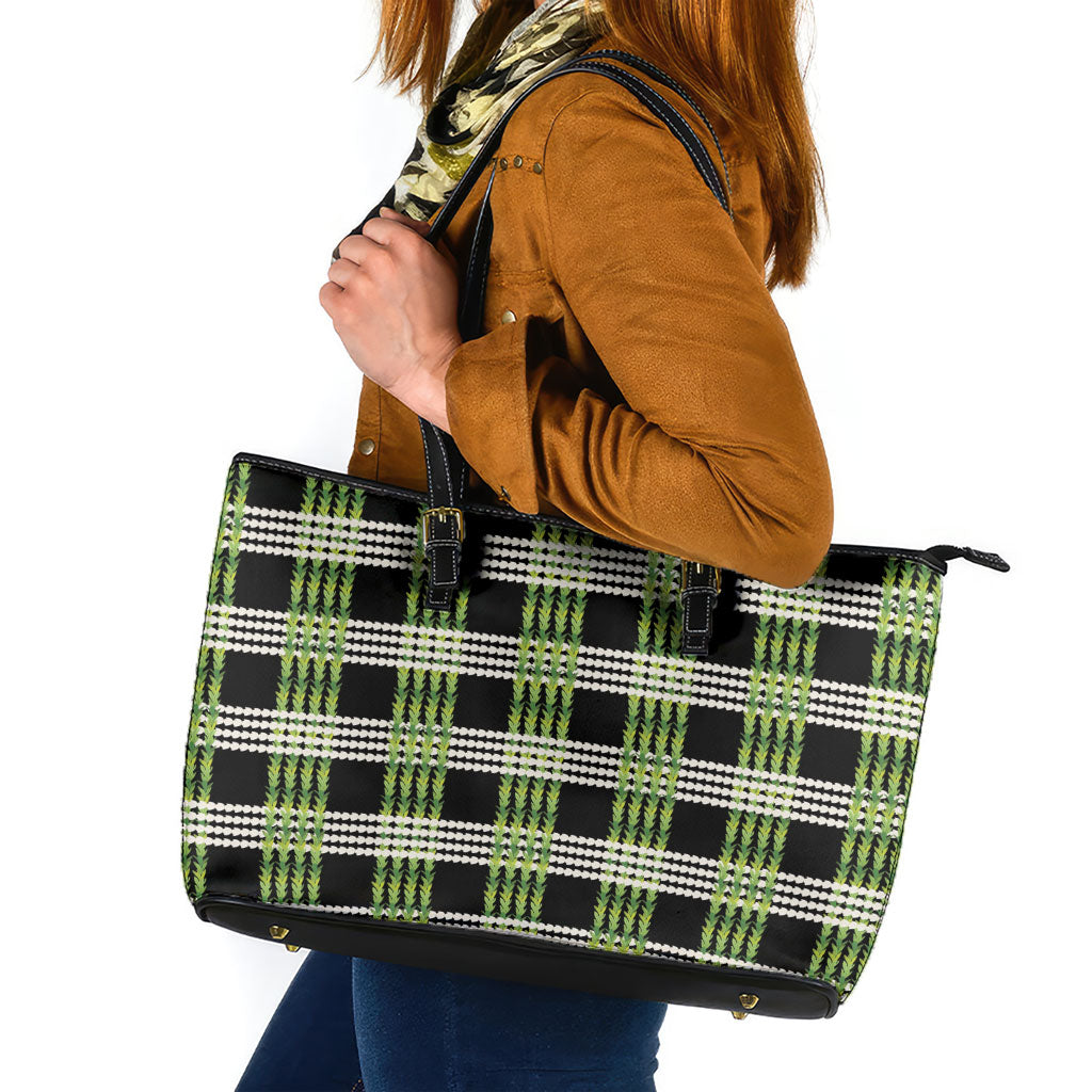 Aloha Hawaii Pakalana Pikake Lei Leather Tote Bag Palaka Inspired Hawaiian-plaid Black LT14 Black - Polynesian Pride