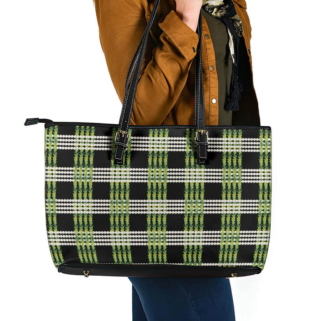 Aloha Hawaii Pakalana Pikake Lei Leather Tote Bag Palaka Inspired Hawaiian-plaid Black LT14 - Polynesian Pride