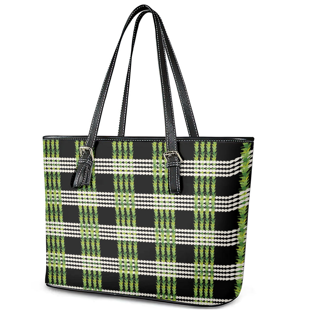 Aloha Hawaii Pakalana Pikake Lei Leather Tote Bag Palaka Inspired Hawaiian-plaid Black LT14 - Polynesian Pride