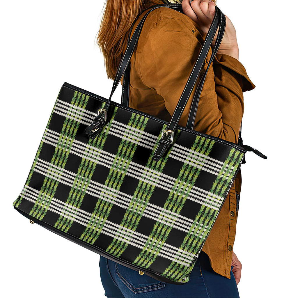 Aloha Hawaii Pakalana Pikake Lei Leather Tote Bag Palaka Inspired Hawaiian-plaid Black LT14 - Polynesian Pride