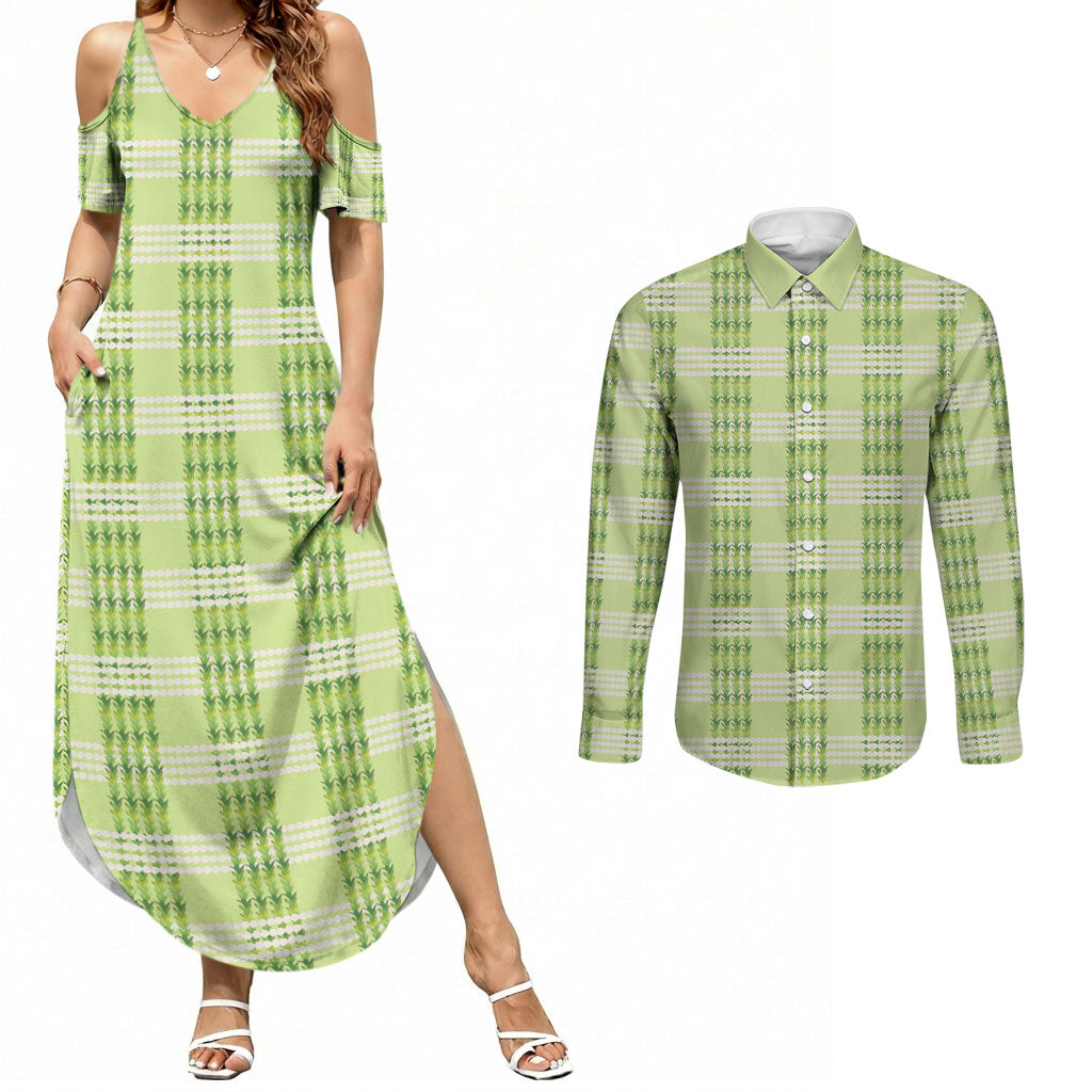 Aloha Hawaii Pakalana Pikake Lei Couples Matching Summer Maxi Dress and Long Sleeve Button Shirt Palaka Inspired Hawaiian-plaid Pastel Green LT14 Green - Polynesian Pride
