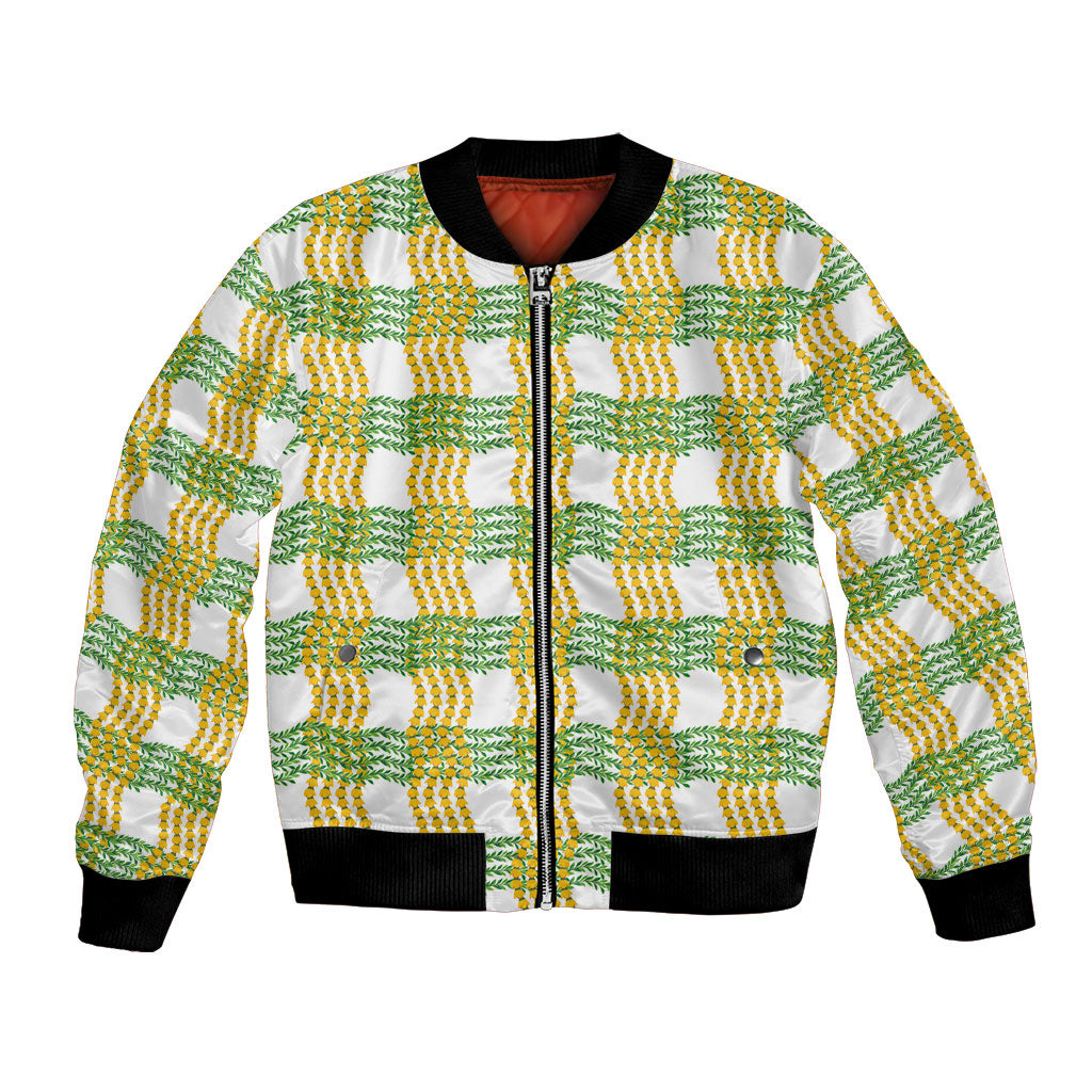 Aloha Hawaii Ilima Maile Lei Bomber Jacket Palaka Inspired Hawaiian-plaid White LT14 Unisex White - Polynesian Pride