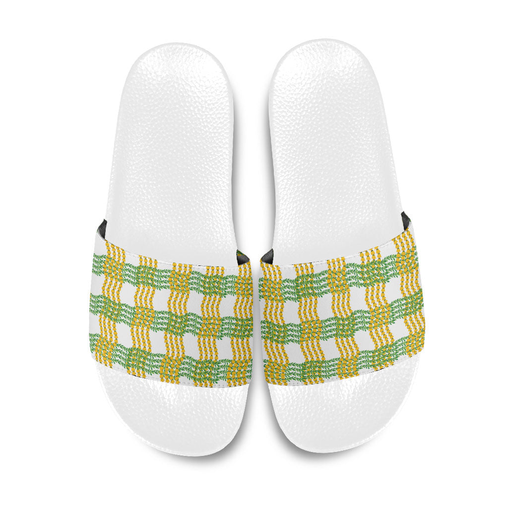 Aloha Hawaii Ilima Maile Lei Slide Sandals Palaka Inspired Hawaiian-plaid White LT14 White - Polynesian Pride