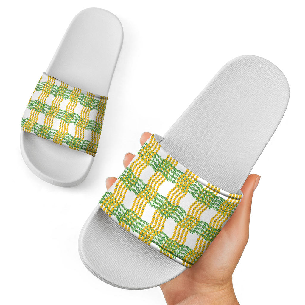 Aloha Hawaii Ilima Maile Lei Slide Sandals Palaka Inspired Hawaiian-plaid White LT14 - Polynesian Pride