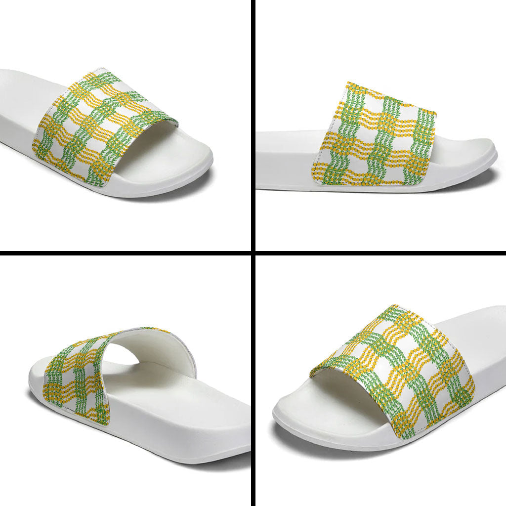 Aloha Hawaii Ilima Maile Lei Slide Sandals Palaka Inspired Hawaiian-plaid White LT14 - Polynesian Pride