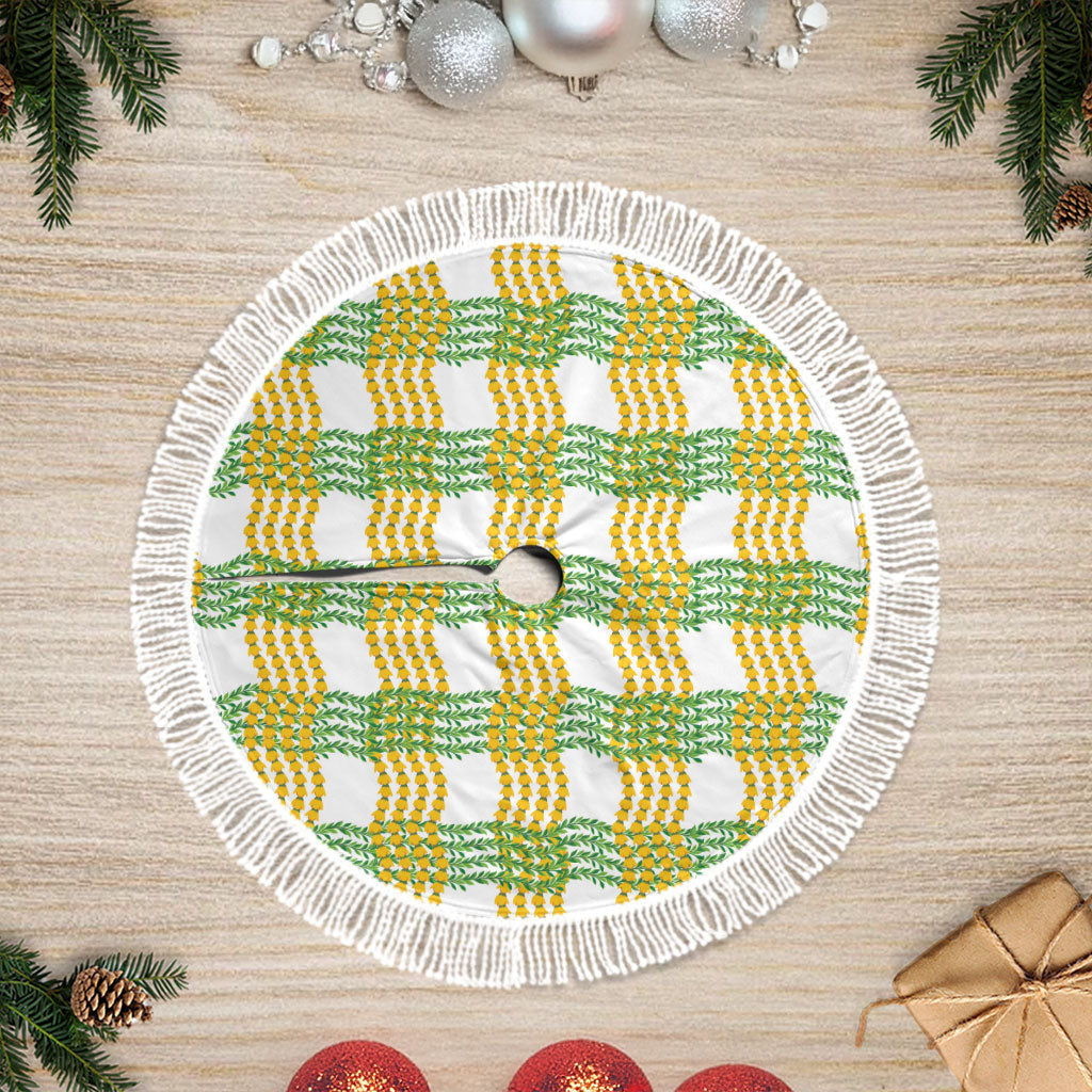 Aloha Hawaii Ilima Maile Lei Tree Skirt Palaka Inspired Hawaiian-plaid White LT14 Fringed White - Polynesian Pride