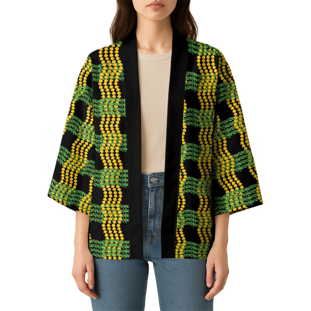 Aloha Hawaii Ilima Maile Lei Kimono Palaka Inspired Hawaiian-plaid Black LT14 - Polynesian Pride
