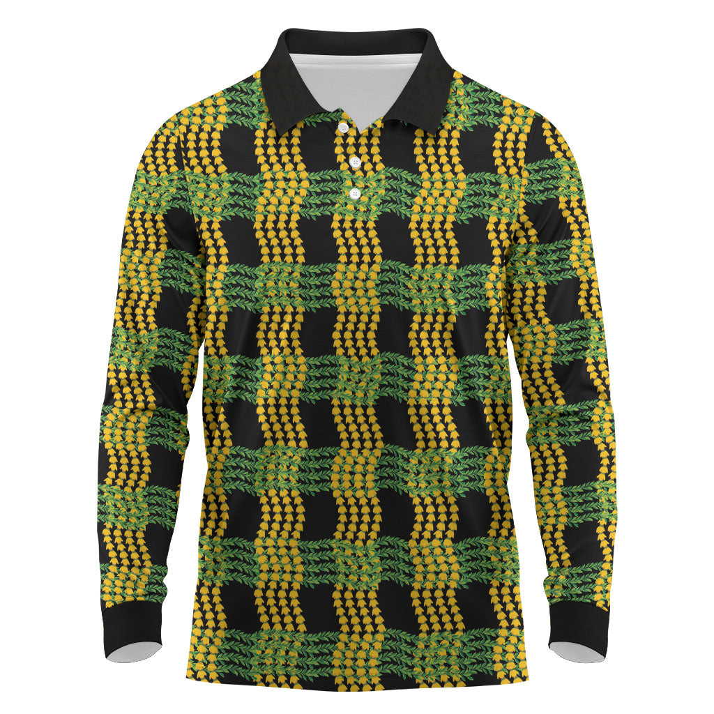 Aloha Hawaii Ilima Maile Lei Long Sleeve Polo Shirt Palaka Inspired Hawaiian-plaid Black LT14 Black - Polynesian Pride