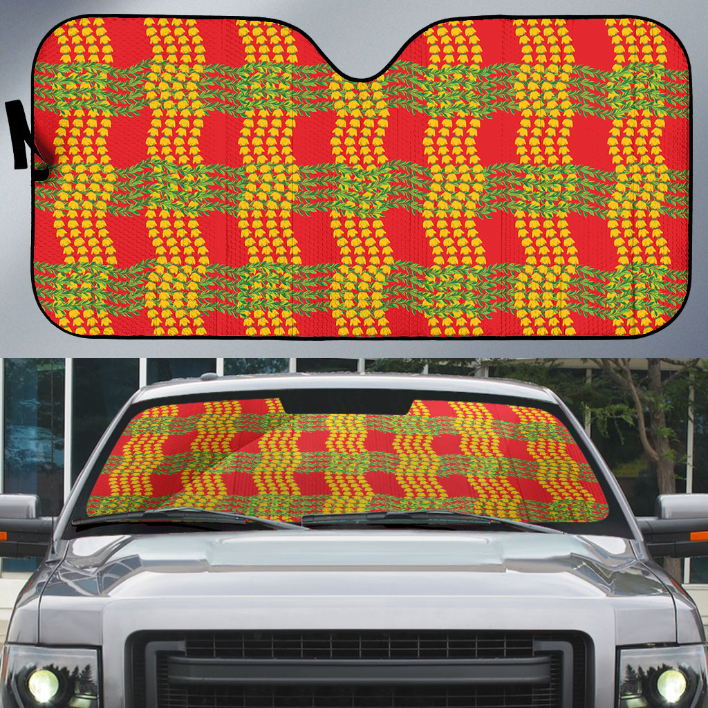 Aloha Hawaii Ilima Maile Lei Auto Sun Shade Palaka Inspired Hawaiian-plaid Red LT14 Red - Polynesian Pride