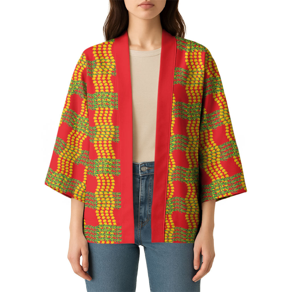 Aloha Hawaii Ilima Maile Lei Kimono Palaka Inspired Hawaiian-plaid Red LT14 - Polynesian Pride