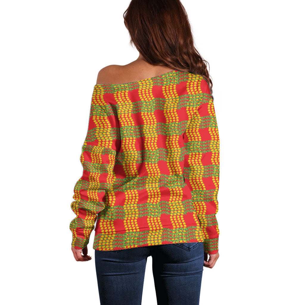 Aloha Hawaii Ilima Maile Lei Off Shoulder Sweater Palaka Inspired Hawaiian-plaid Red LT14 - Polynesian Pride