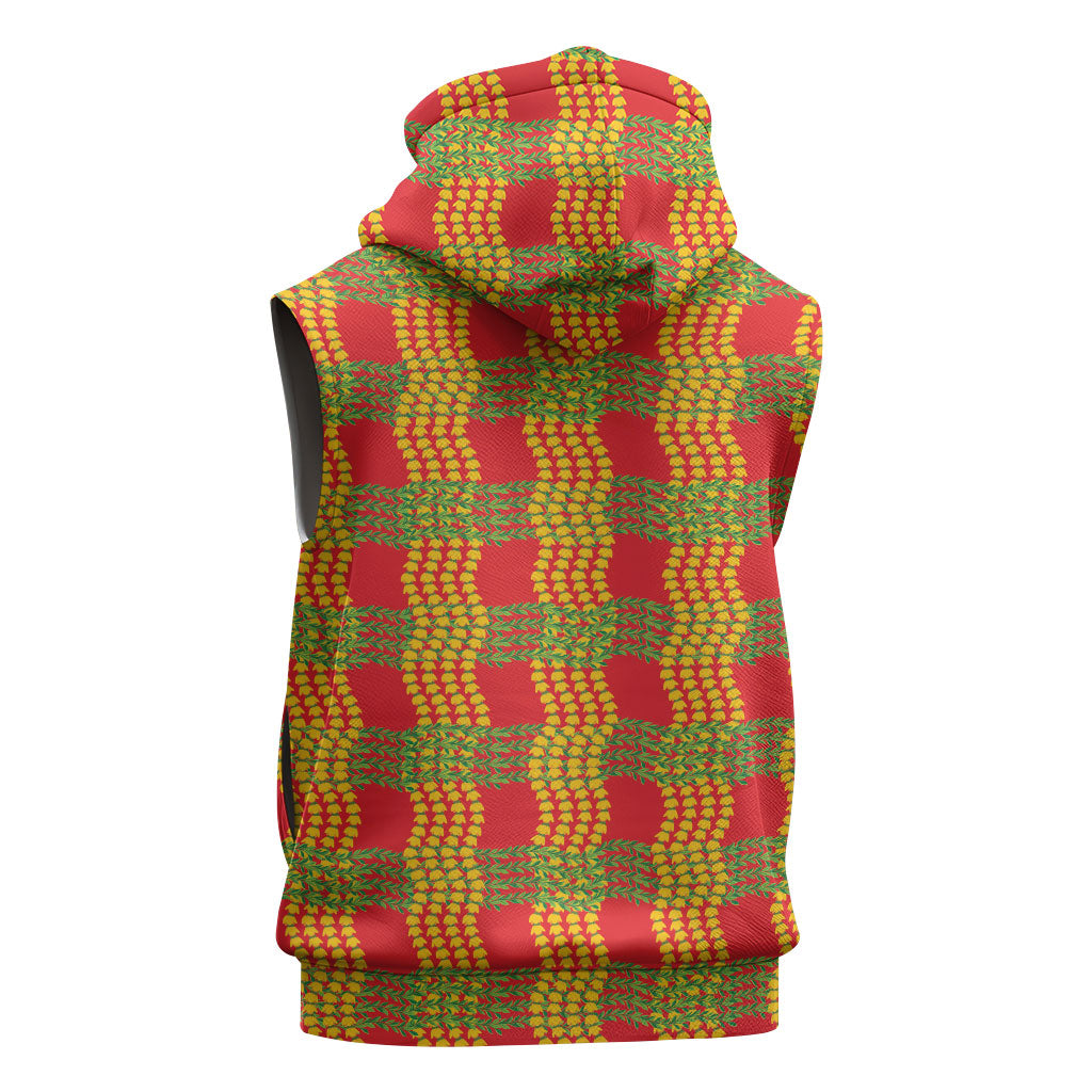 Aloha Hawaii Ilima Maile Lei Sleeveless Hoodie Palaka Inspired Hawaiian-plaid Red LT14 - Polynesian Pride
