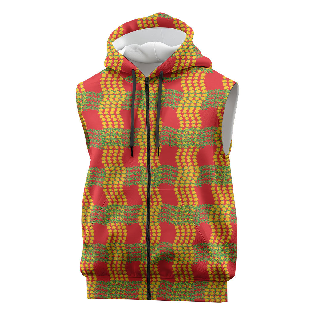 Aloha Hawaii Ilima Maile Lei Sleeveless Zip Hoodie Palaka Inspired Hawaiian-plaid Red LT14 Red - Polynesian Pride