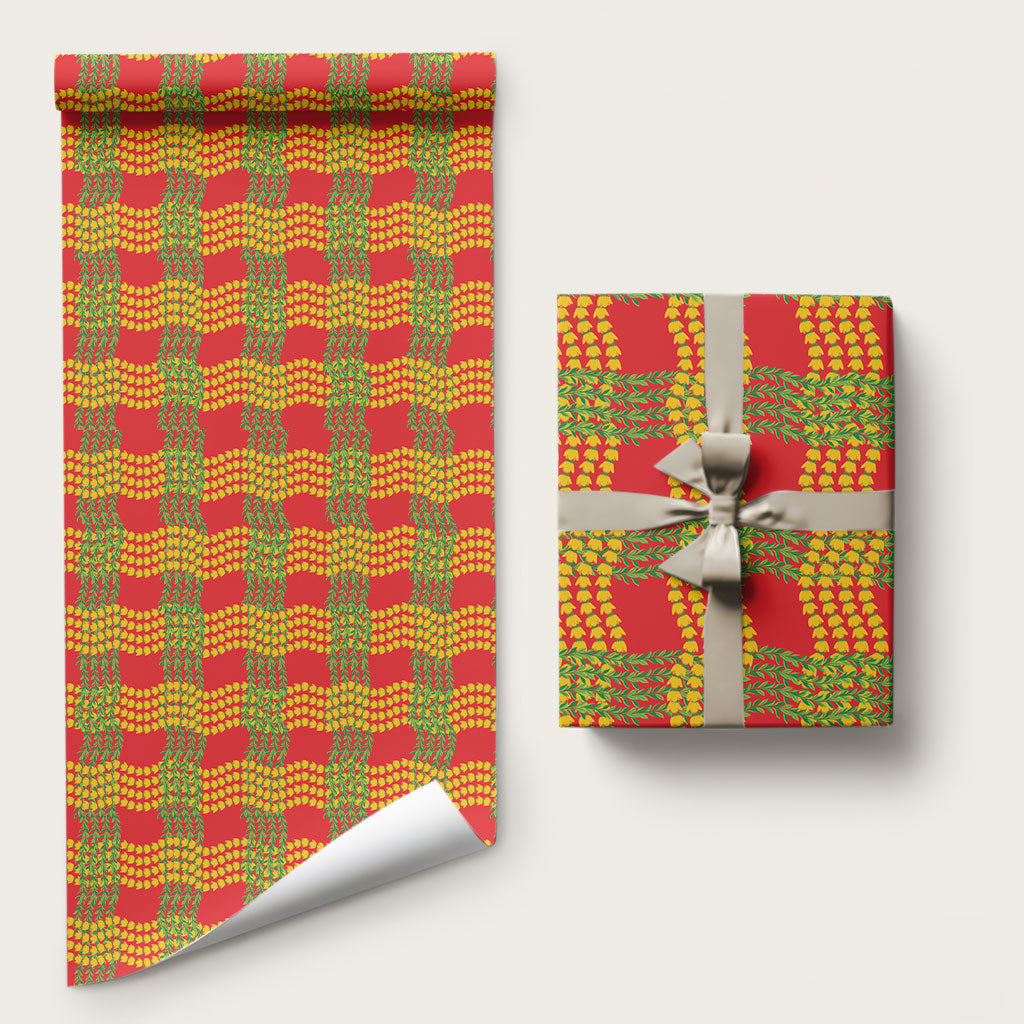 Aloha Hawaii Ilima Maile Lei Wrapping Paper Palaka Inspired Hawaiian-plaid Red LT14 58" × 23" Red - Polynesian Pride