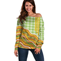 Hawaii Leis Palaka Motifs Off Shoulder Sweater Pikake Pakalana Maile Ilima Kakau Style LT14 Women Multicolor - Polynesian Pride