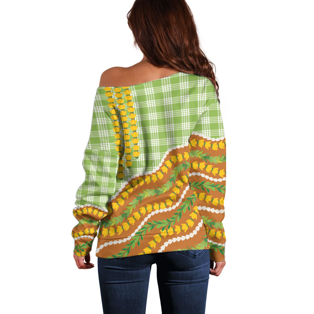 Hawaii Leis Palaka Motifs Off Shoulder Sweater Pikake Pakalana Maile Ilima Kakau Style LT14 - Polynesian Pride