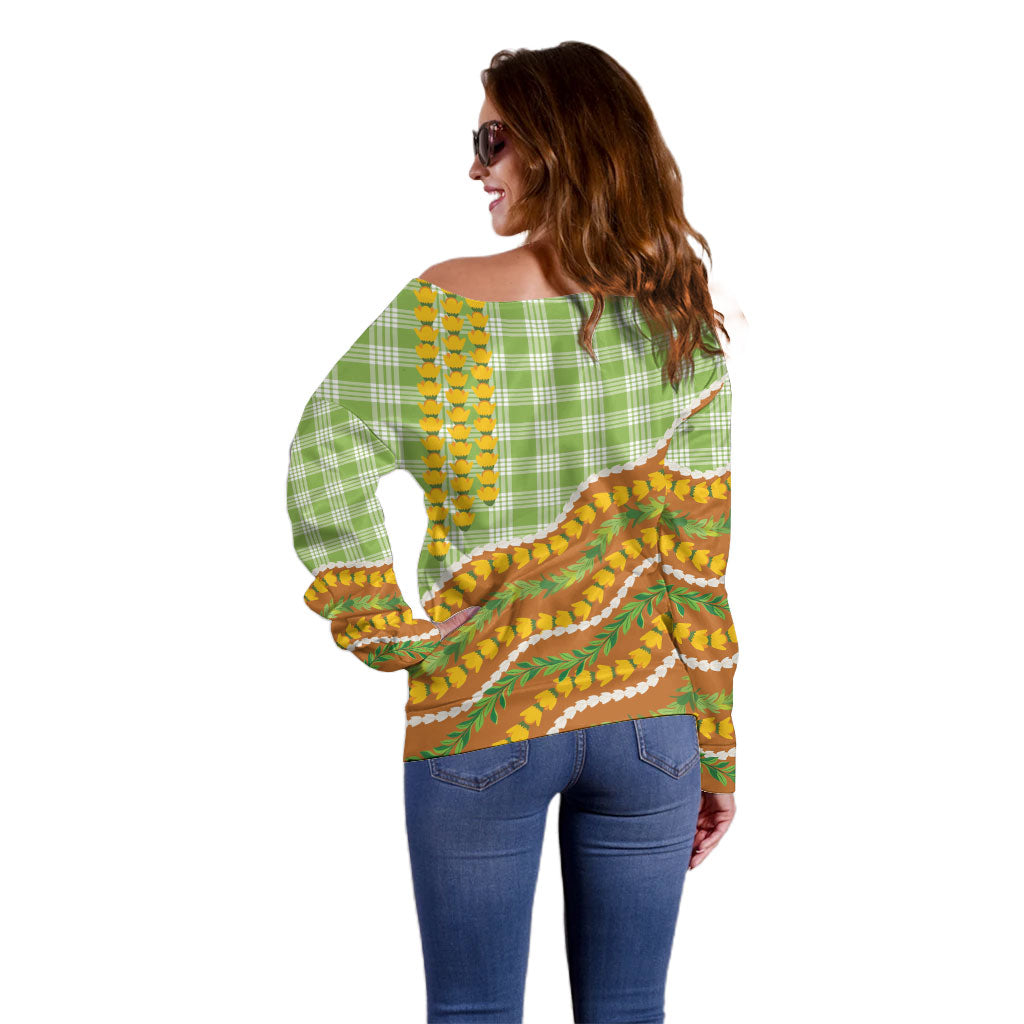 Hawaii Leis Palaka Motifs Off Shoulder Sweater Pikake Pakalana Maile Ilima Kakau Style LT14 - Polynesian Pride