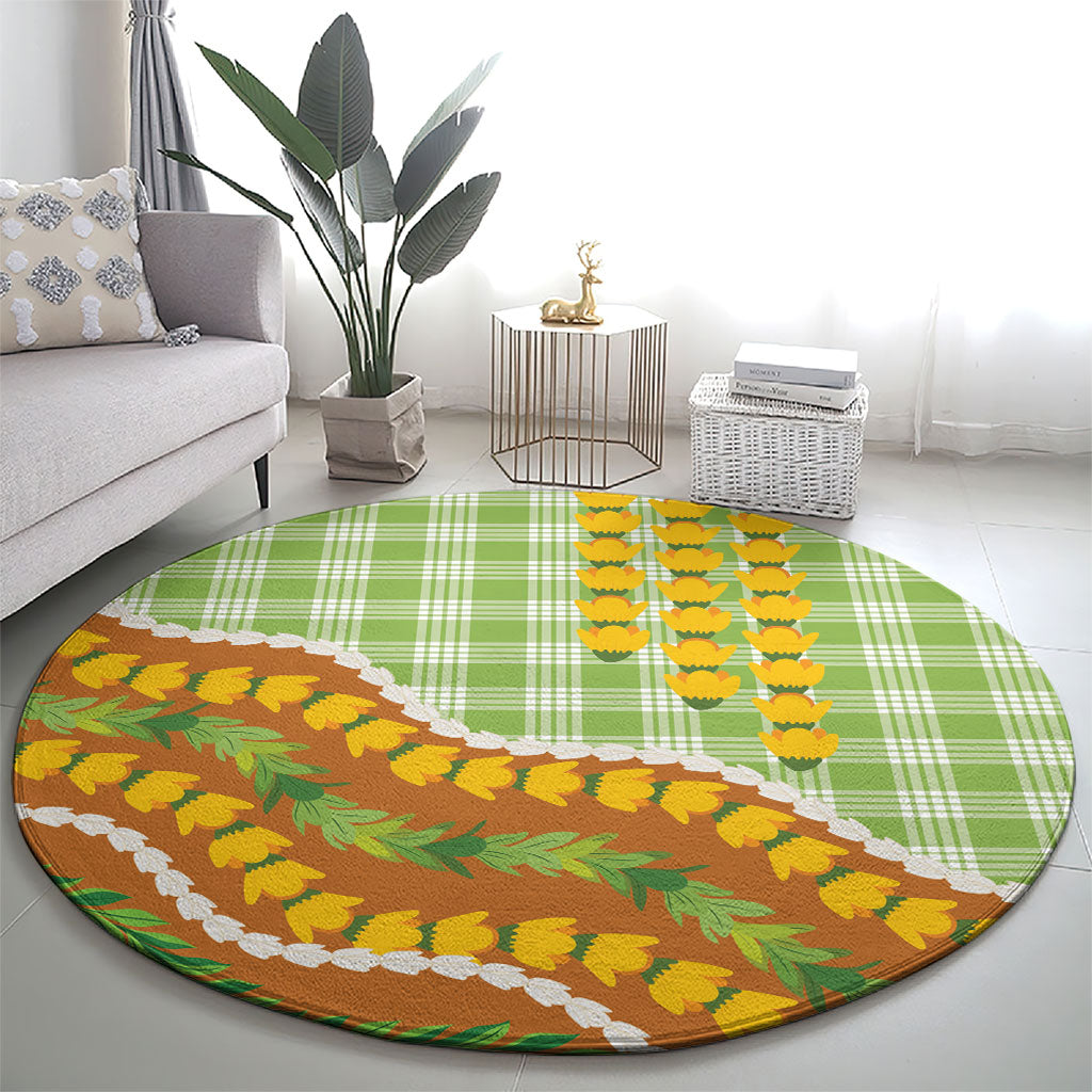 Hawaii Leis Palaka Motifs Round Carpet Pikake Pakalana Maile Ilima Kakau Style LT14 - Polynesian Pride