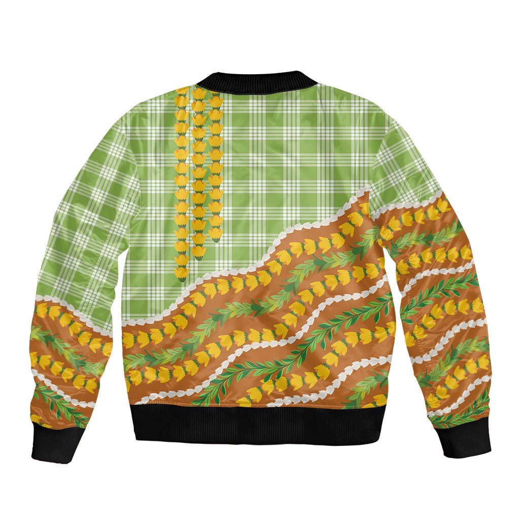 Hawaii Leis Palaka Motifs Sleeve Zip Bomber Jacket Pikake Pakalana Maile Ilima Kakau Style LT14 - Polynesian Pride