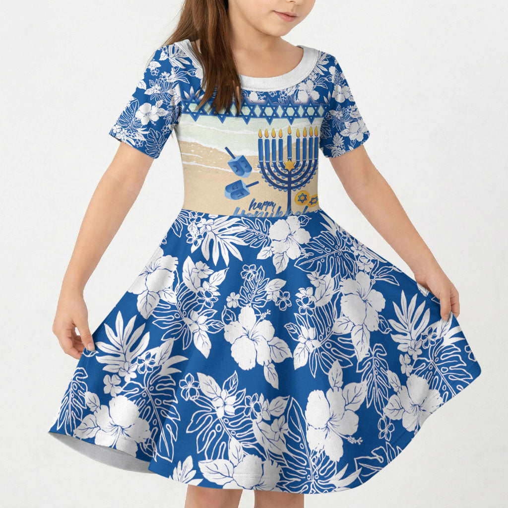 Chanukah Jewish Hawaii Kid Short Sleeve Dress Festival of Lights Hanukkah Menorah Tropical Flowers LT14 KID Blue - Polynesian Pride