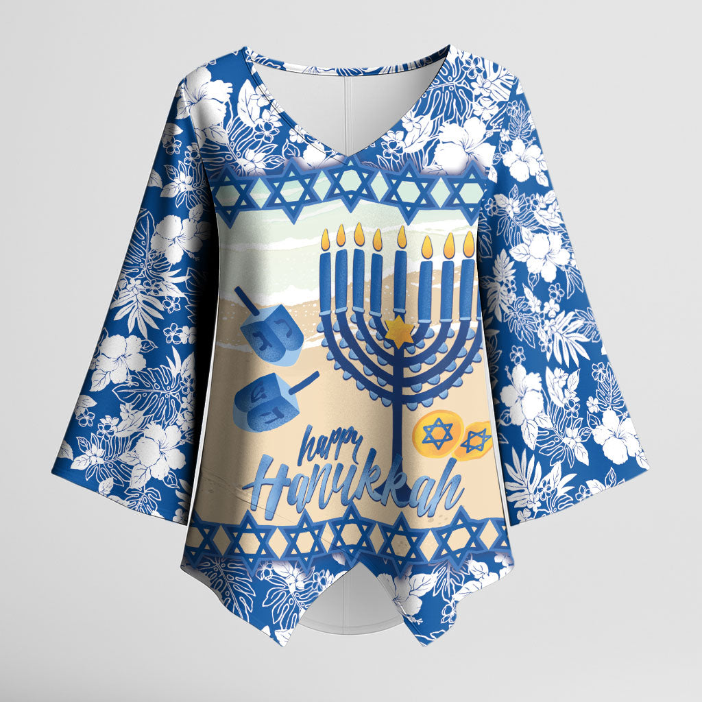 Chanukah Jewish Hawaii Kimono Sleeve Blouse Festival of Lights Hanukkah Menorah Tropical Flowers LT14 Female Blue - Polynesian Pride