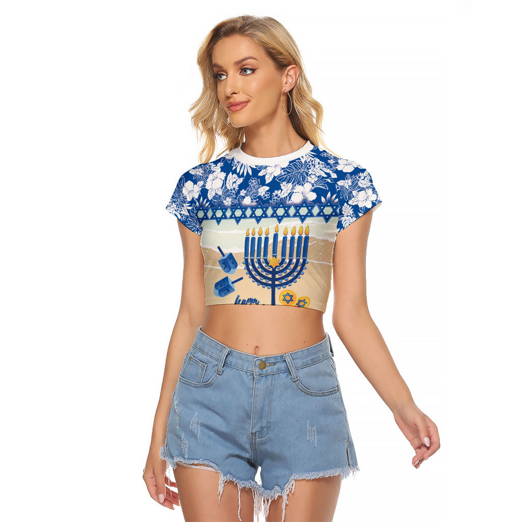 Chanukah Jewish Hawaii Raglan Cropped T Shirt Festival of Lights Hanukkah Menorah Tropical Flowers LT14 Female Blue - Polynesian Pride