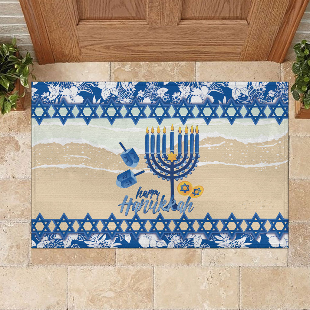 Chanukah Jewish Hawaii Rubber Doormat Festival of Lights Hanukkah Menorah Tropical Flowers LT14 Blue - Polynesian Pride