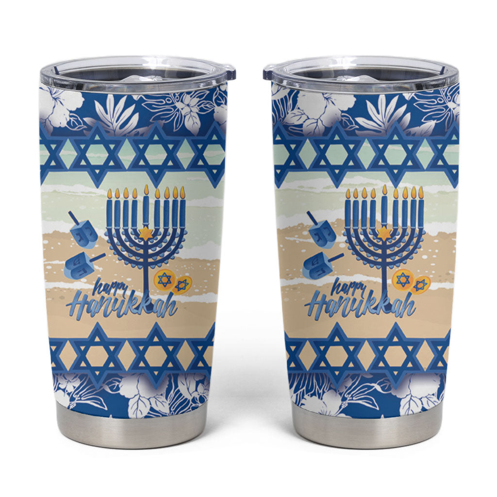Chanukah Jewish Hawaii Tumbler Cup Festival of Lights Hanukkah Menorah Tropical Flowers LT14 Blue - Polynesian Pride