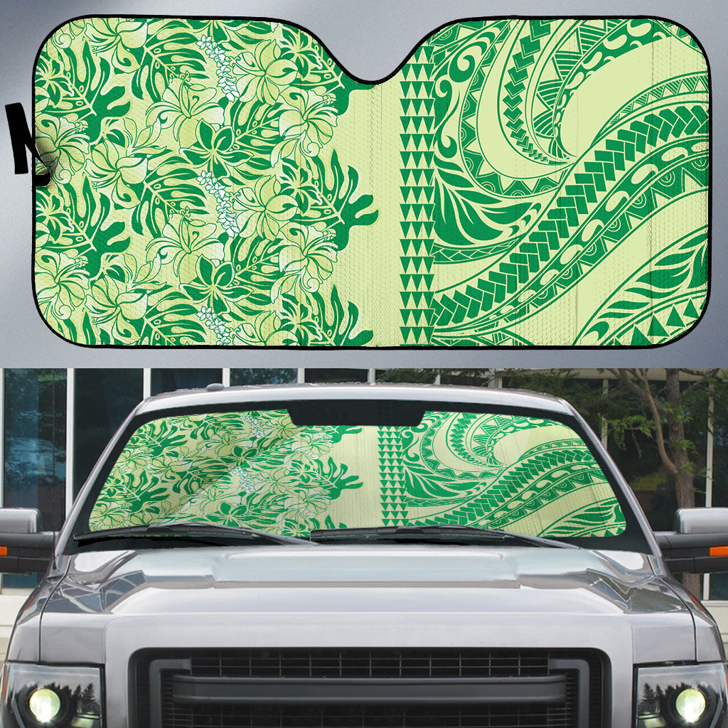 Lime Green Hibiscus Monstera Seamless Kakau Hawaii Auto Sun Shade