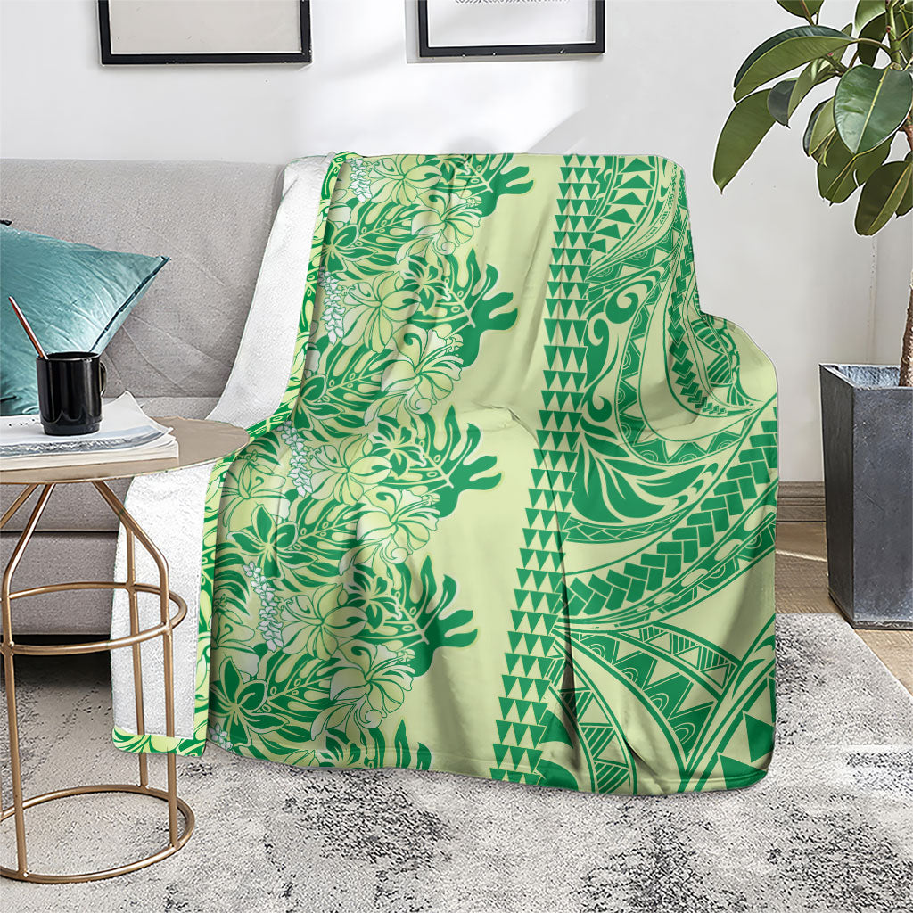 Lime Green Hibiscus Monstera Seamless Kakau Hawaii Blanket