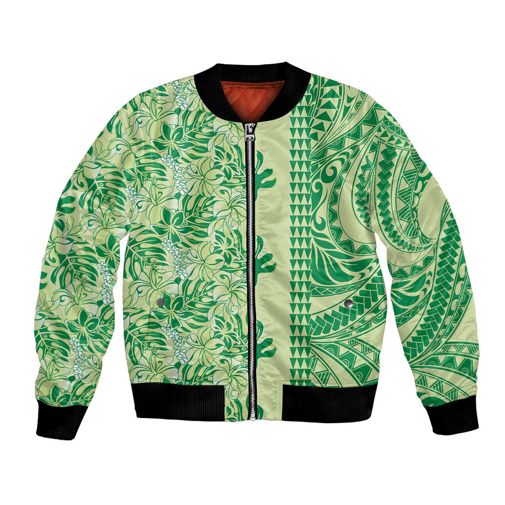 Lime Green Hibiscus Monstera Seamless Kakau Hawaii Bomber Jacket