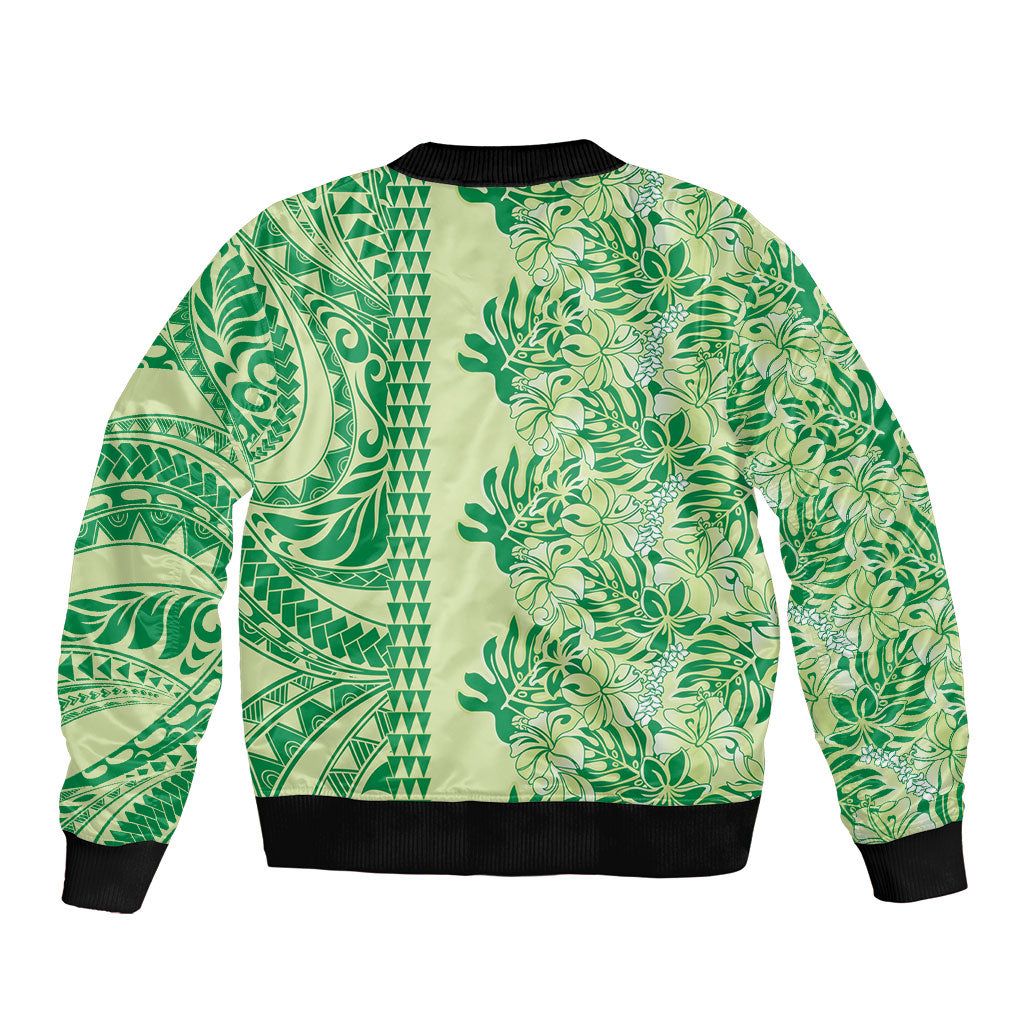 Lime Green Hibiscus Monstera Seamless Kakau Hawaii Bomber Jacket