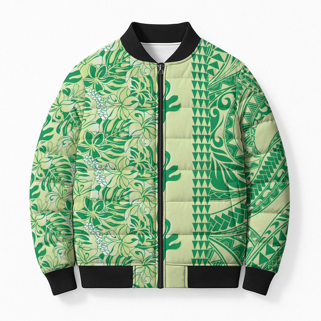 Lime Green Hibiscus Monstera Seamless Kakau Hawaii Bomber Puffer Jacket