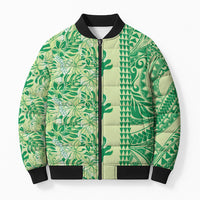 Lime Green Hibiscus Monstera Seamless Kakau Hawaii Bomber Puffer Jacket