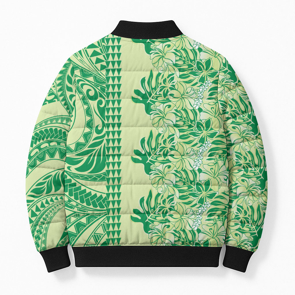Lime Green Hibiscus Monstera Seamless Kakau Hawaii Bomber Puffer Jacket