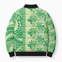 Lime Green Hibiscus Monstera Seamless Kakau Hawaii Bomber Puffer Jacket
