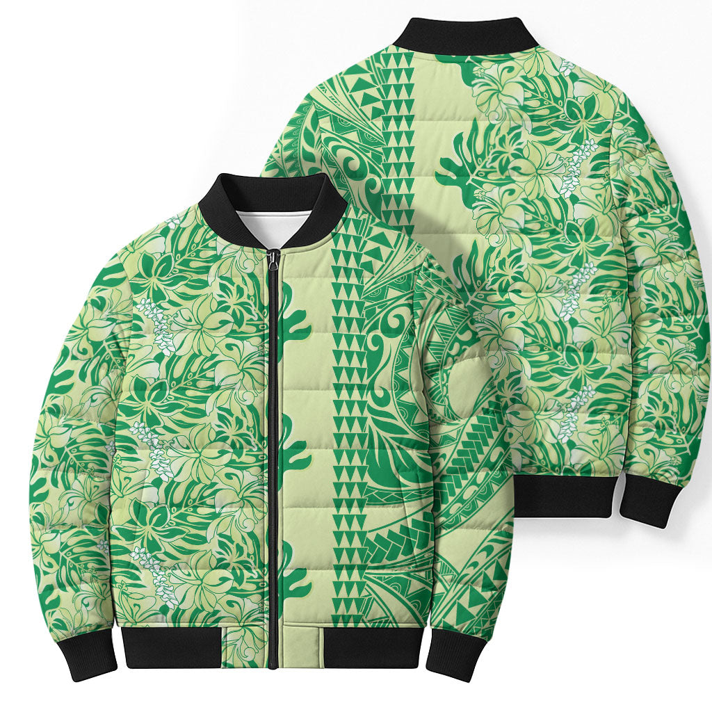 Lime Green Hibiscus Monstera Seamless Kakau Hawaii Bomber Puffer Jacket