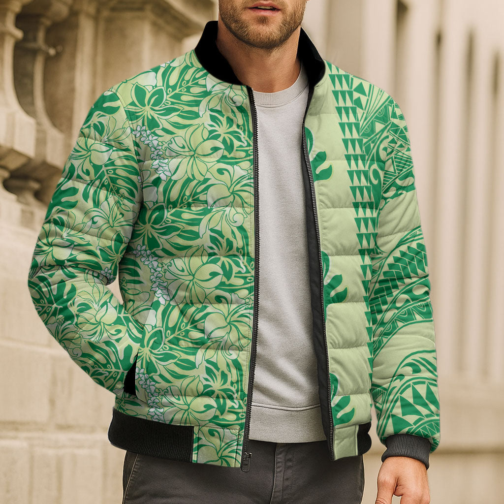 Lime Green Hibiscus Monstera Seamless Kakau Hawaii Bomber Puffer Jacket