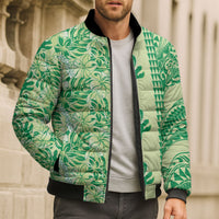 Lime Green Hibiscus Monstera Seamless Kakau Hawaii Bomber Puffer Jacket