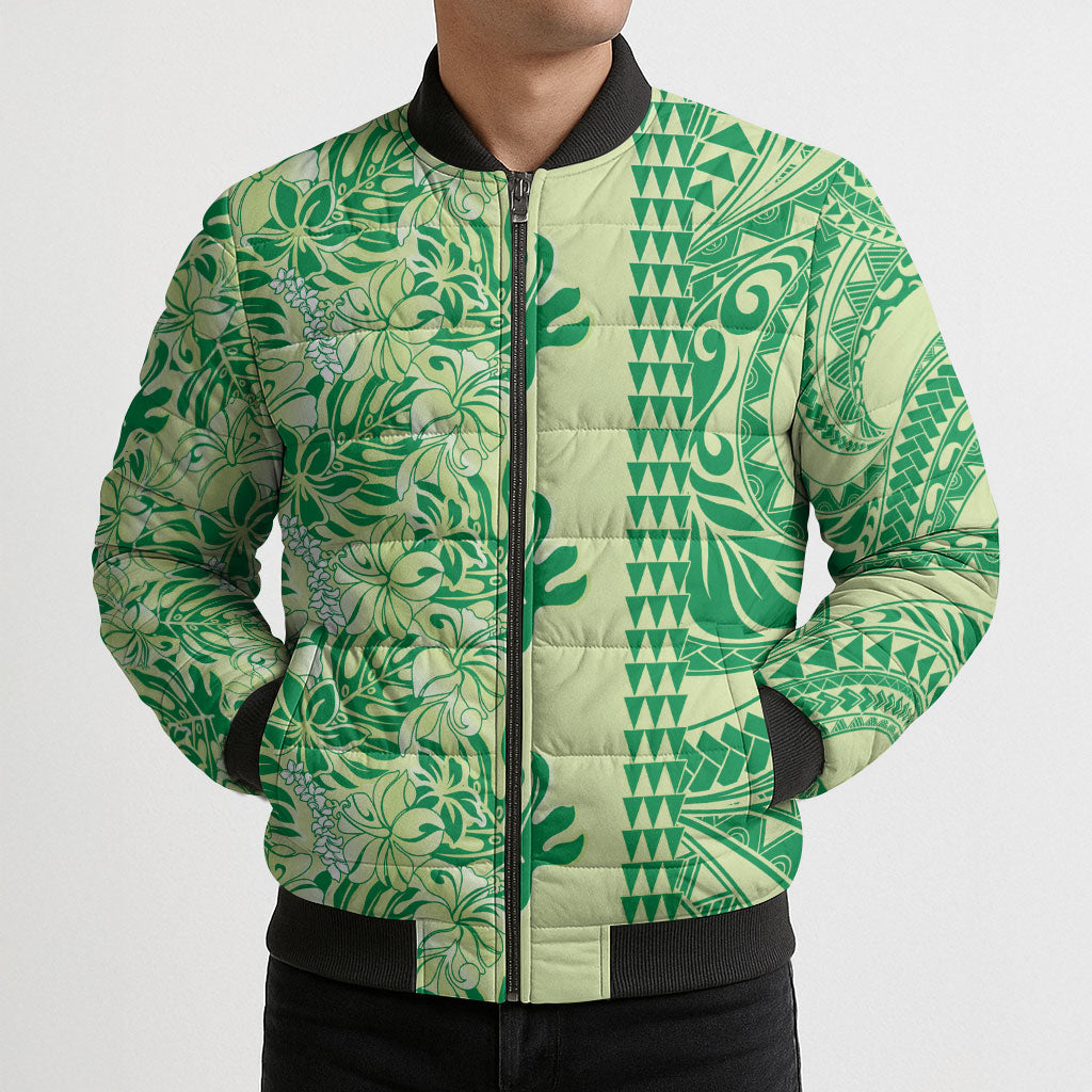 Lime Green Hibiscus Monstera Seamless Kakau Hawaii Bomber Puffer Jacket