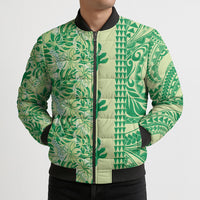 Lime Green Hibiscus Monstera Seamless Kakau Hawaii Bomber Puffer Jacket
