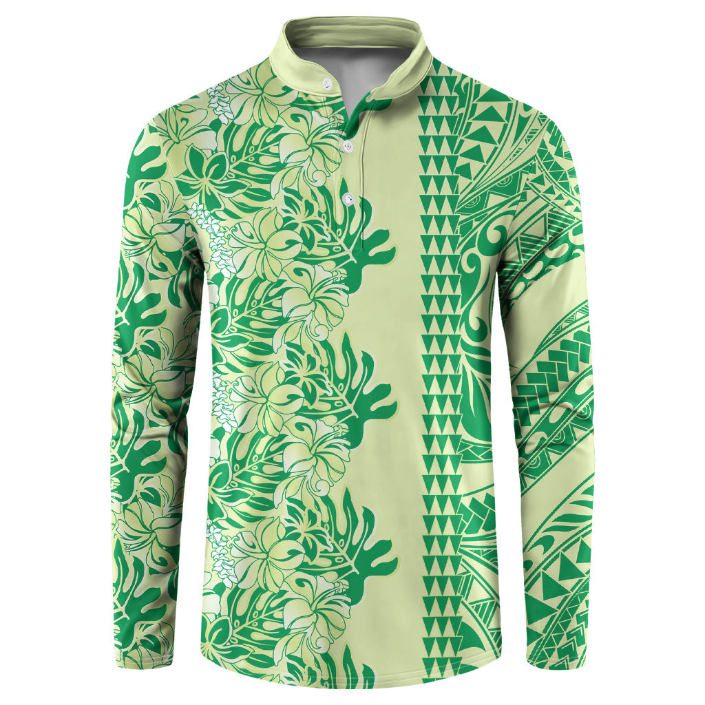 Lime Green Hibiscus Monstera Seamless Kakau Hawaii Button Sweatshirt