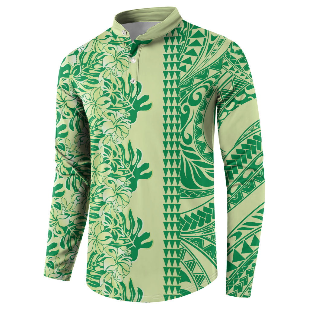 Lime Green Hibiscus Monstera Seamless Kakau Hawaii Button Sweatshirt